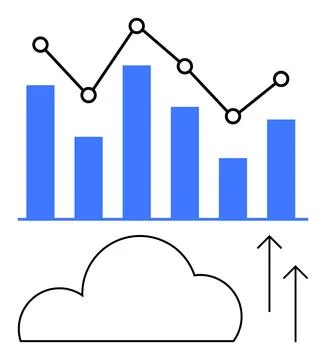 Data Analysis with Bar Graph and Line Chart Above Cloud Computing and Uploa.. 스톡 일러스트