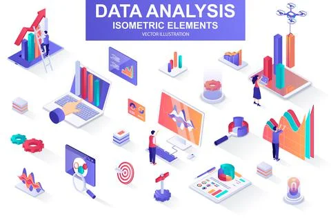 Data analysis bundle of isometric elements. イラスト素材