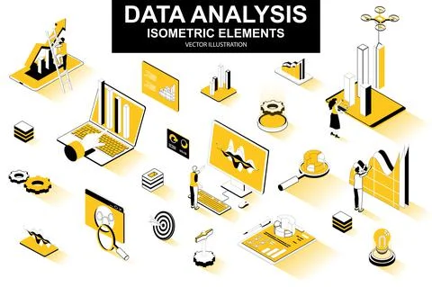 Data analysis bundle of isometric elements. Growing chart, business infographics Stockillustratie