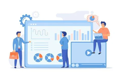 Data analysis, business analytics, SMM strategy. Analysts team working. Soc.. Illustrazione stock