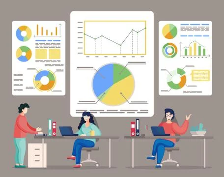 Data analysis of busy people in the office, colleagues communicating during the 스톡 일러스트