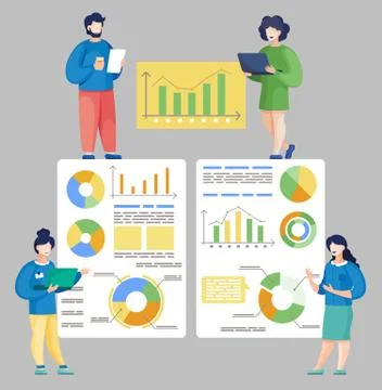 Data analysis of busy people in the office, colleagues communicating during the Stock Illustration