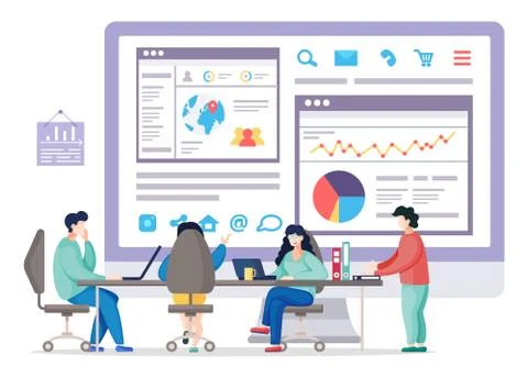 Data analysis of busy people in the office, colleagues communicating during the Illustrazione stock