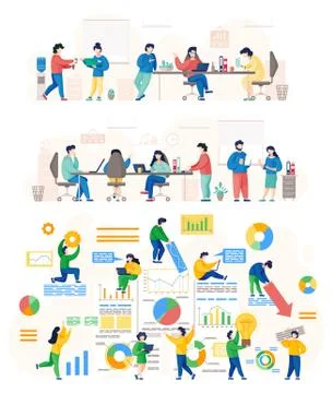 Data analysis of busy people in the office, colleagues communicating during the Illustrazione stock