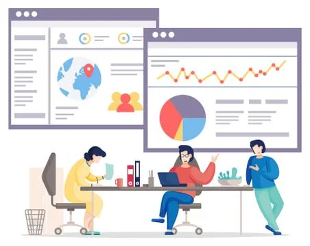 Data analysis of busy people in the office, colleagues communicating during the 스톡 일러스트