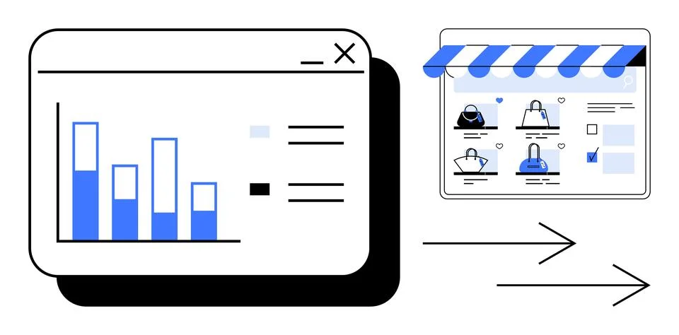 Data analysis chart with blue bar graph arrows pointing towards an online sto Stock Illustration