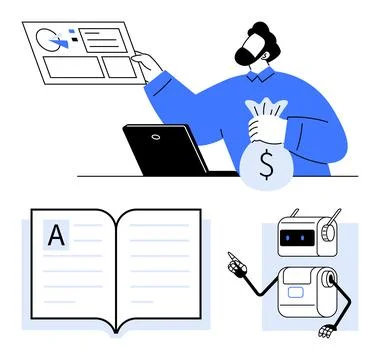 Data analysis chart person with money bag laptop open book with text, robots. Stock Illustration