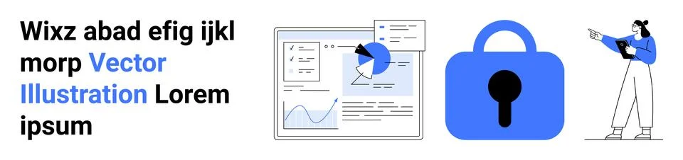 Data analysis charts and graphs, blue lock icon for security, female analyst  Stock Illustration