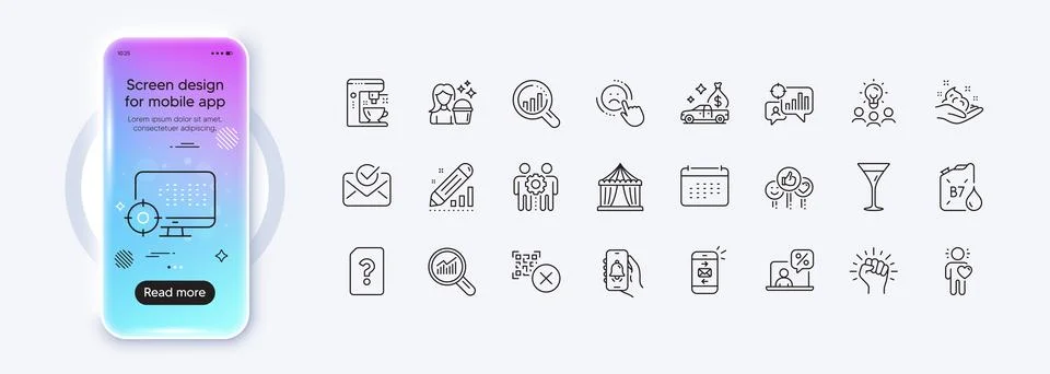 Data analysis, Cleaning and Bell alert line icons for web app. Pictogram icon Illustrazione stock