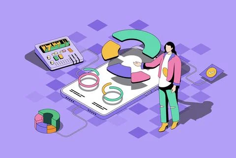 Data analysis concept in 3d isometric design. Woman working with diagram, res Stock Illustration