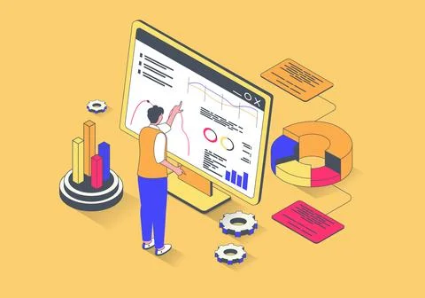 Data analysis concept in 3d isometric design. Man making statistics research, Stock Illustration