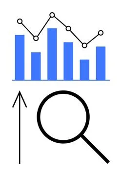Data Analysis Concept with Bar Graph, Line Graph, and Magnifying Glass Icon Illustrazione stock