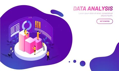 Data Analysis concept based responsive web template design, miniature peopl.. Stock Illustration