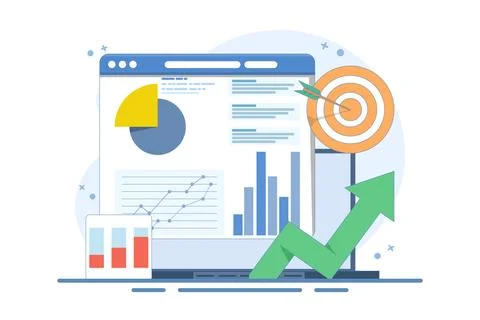 Data analysis concept, Business Graph Report on Laptop computer and Target Arrow 스톡 일러스트