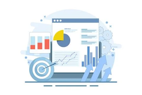 Data analysis concept, Business Graph Report on Laptop computer and Target Arrow Stock Illustration