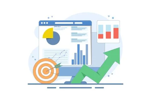 Data analysis concept, Business Graph Report on Laptop computer and Target Arrow Stock Illustration