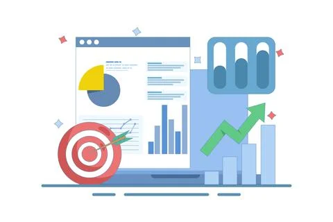 Data analysis concept, Business Graph Report on Laptop computer and Target Arrow Illustrazione stock