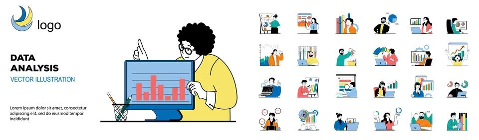 Data analysis concept with character situations mega set. Bundle of scenes pe 스톡 일러스트