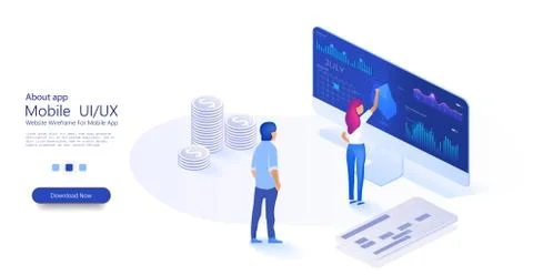 Data analysis concept with characters. PC with business graph and analytics d Stock Illustration