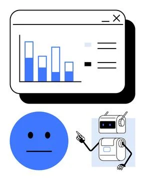 Data Analysis Concept with Emotionless Face and AI Robot Pointing to Bar Grap Stock Illustration