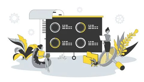 Data analysis concept in flat design with people. Women work with graphs and Stockillustratie