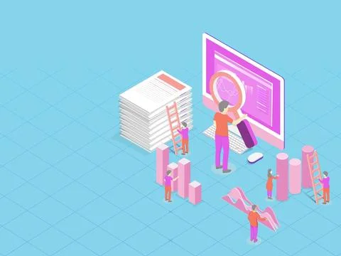 Data Analysis concept with Isometric a computer and working people analysis.. 스톡 일러스트