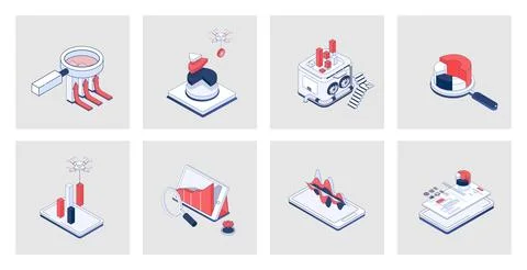 Data analysis concept of isometric icons in 3d isometry design for web. Analy Stock Illustration