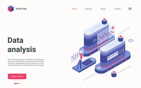 Data analysis concept isometric landing page, analyst working with analytics Stock Illustration