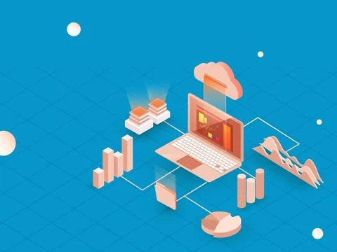 Data Analysis concept with isometric laptop connected to cloud with infogra.. Stock Illustration