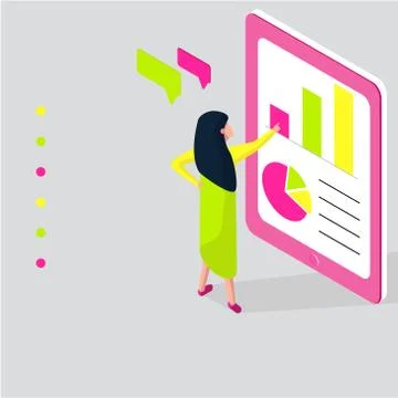Data analysis concept. Isometric vector.The woman analyzes the data Stock Illustration