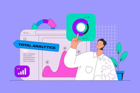 Data analysis concept in modern flat design for web. Man analyzing graphs, ma 스톡 일러스트