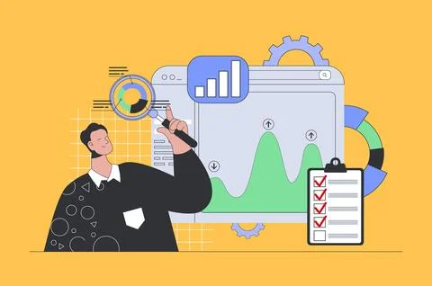 Data analysis concept in modern flat design for web. Man making research with Illustrazione stock