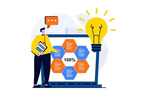 Data analysis concept with people scene in flat cartoon design. Man generates 스톡 일러스트