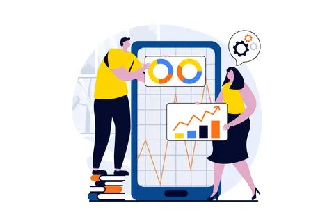 Data analysis concept with people scene in flat cartoon design. Woman and man Stock Illustration