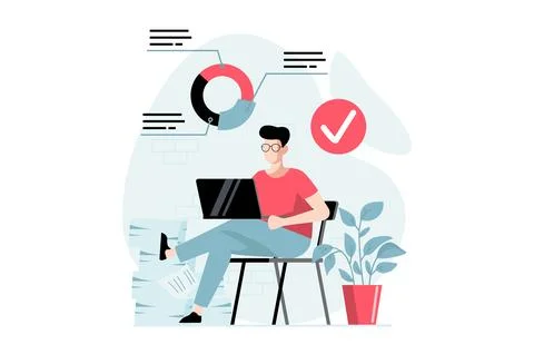Data analysis concept with people scene in flat design. Man researching stati Stock Illustration