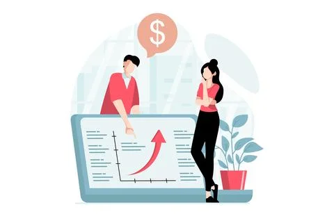 Data analysis concept with people scene in flat design. Man and woman studyin Stock Illustration