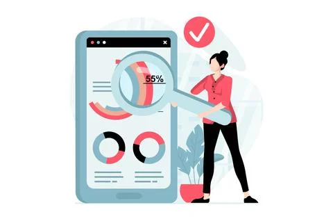 Data analysis concept with people scene in flat design. Woman with magnifier  Illustrazione stock