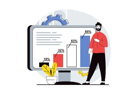 Data analysis concept with people scene in flat design for web. Man working w 스톡 일러스트