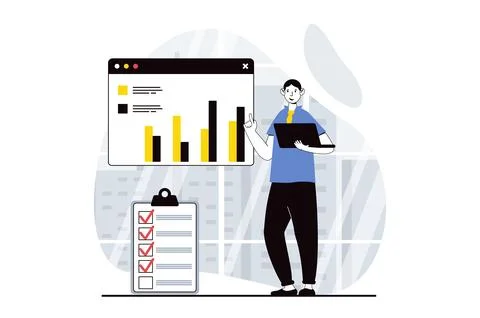 Data analysis concept with people scene in flat design for web. Man working w Stock Illustration