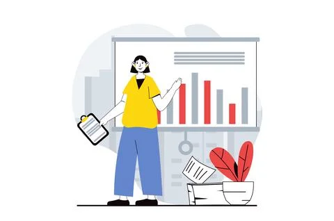 Data analysis concept with people scene in flat design for web. Woman working 스톡 일러스트