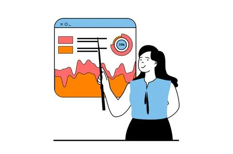 Data analysis concept with people scene in flat web design. Woman researchi.. Stock Illustration