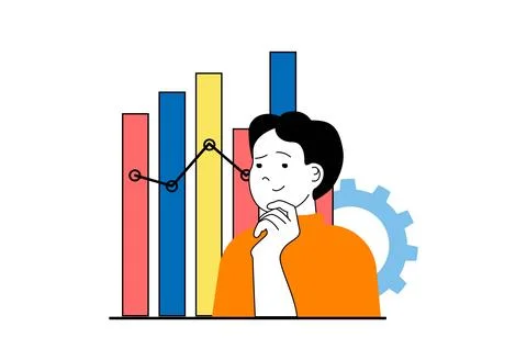 Data analysis concept with people scene in flat web design. Man working wit.. Stock Illustration