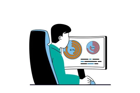 Data analysis concept with people scene in flat web design. Man analyzing d.. イラスト素材