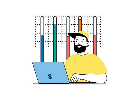Data analysis concept with people scene in flat web design. Man making mark.. Stock Illustration