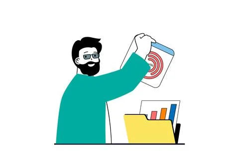 Data analysis concept with people scene in flat web design. Man making audi.. Stock Illustration