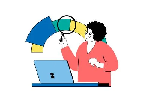 Data analysis concept with people scene in flat web design. Woman with magn.. Illustrazione stock