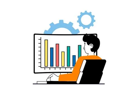 Data analysis concept with people scene in flat web design. Man searching r.. Stock Illustration