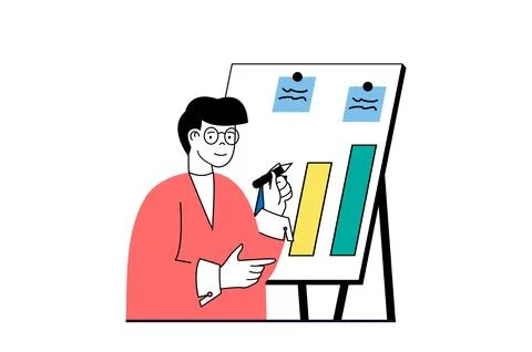 Data analysis concept with people scene in flat web design. Man creates str.. Stock Illustration