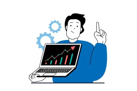 Data analysis concept with people scene in flat web design. Man gets consul.. Stock Illustration