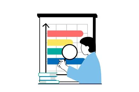 Data analysis concept with people scene in flat web design. Man researching.. Stock Illustration